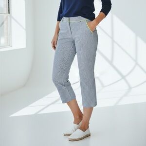 J Crew Women’s Gray Cream seersucker Striped skimmer pant city fit Neon Trim 6